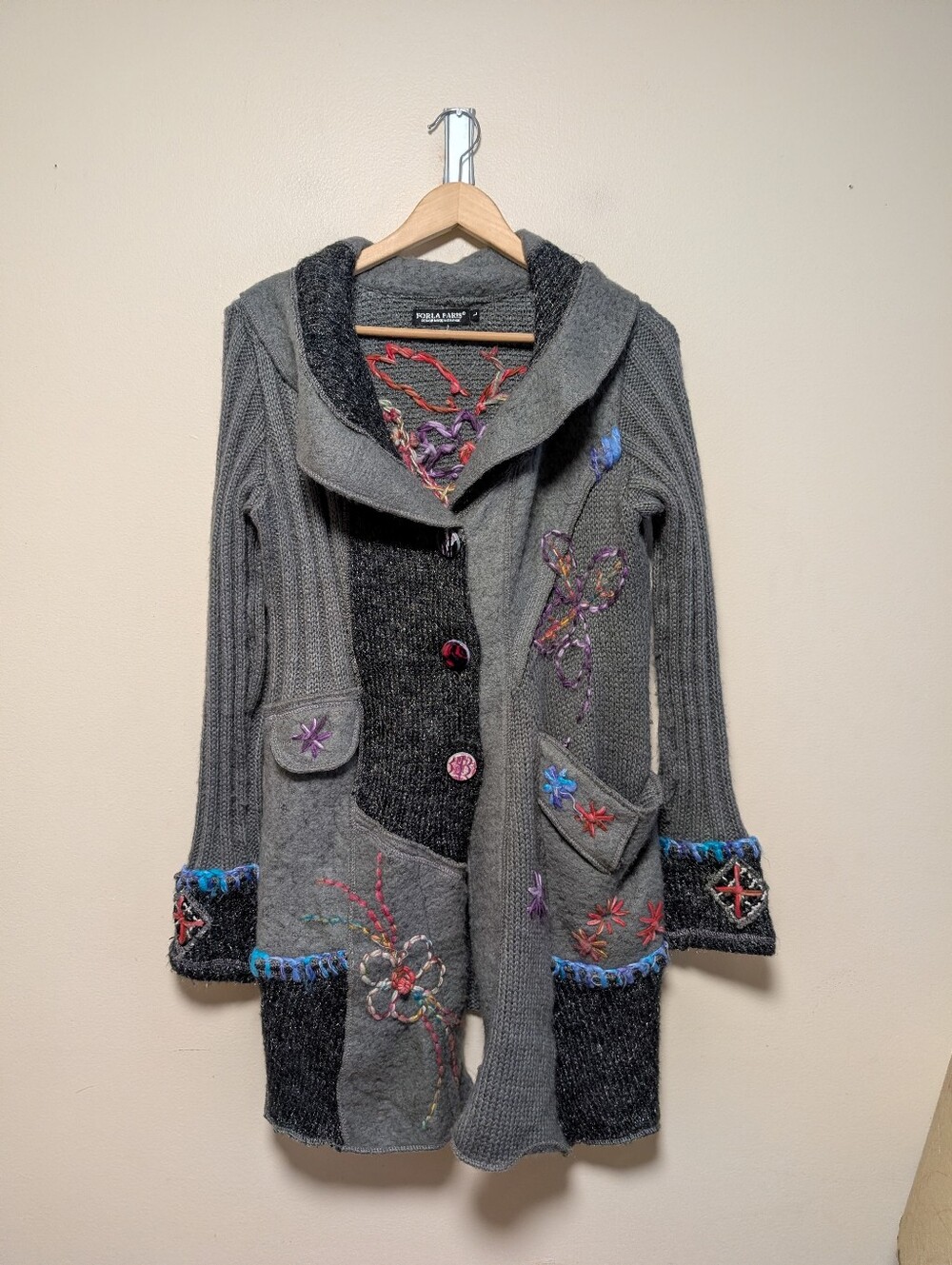 Forla Paris Gray Embroidered Patchwork Knit Cardigan Jacket L Made France